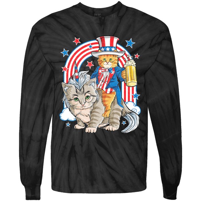 Cat 4th Of July Caticorn Unicorn Meowica Tie-Dye Long Sleeve Shirt