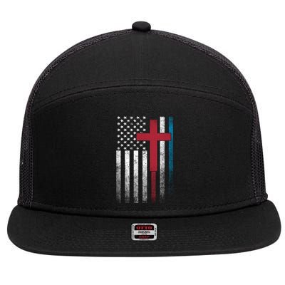 Cross 4th Of July American Flag Usa America Patriotic Funny Gift 7 Panel Mesh Trucker Snapback Hat