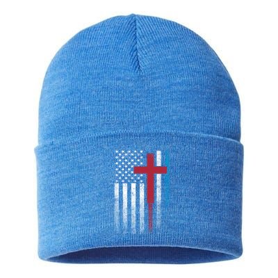 Cross 4th Of July American Flag Usa America Patriotic Funny Gift Sustainable Knit Beanie