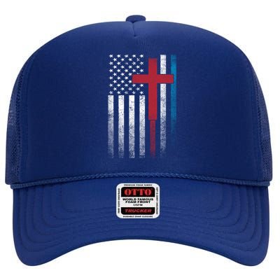 Cross 4th Of July American Flag Usa America Patriotic Funny Gift High Crown Mesh Back Trucker Hat