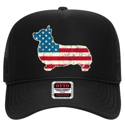 Corgi 4th Of July Dog Lover Gifts Men Women American Flag High Crown Mesh Back Trucker Hat