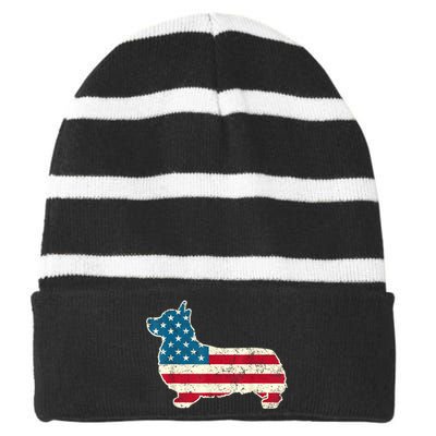 Corgi 4th Of July Dog Lover Gifts Men Women American Flag Striped Beanie with Solid Band