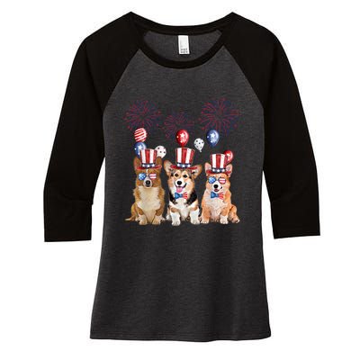 Corgi 4th Of July Dog Lover Men Women American Flag Women's Tri-Blend 3/4-Sleeve Raglan Shirt