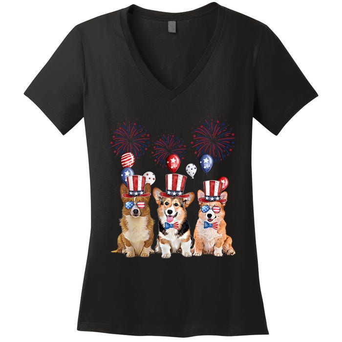 Corgi 4th Of July Dog Lover Men Women American Flag Women's V-Neck T-Shirt