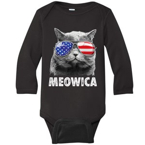 Cat 4th Of July Meowica Girl Boy American Flag Sunglasses Baby Long Sleeve Bodysuit