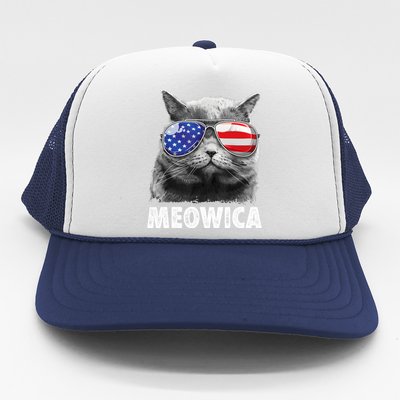 Cat 4th Of July Meowica Girl Boy American Flag Sunglasses Trucker Hat