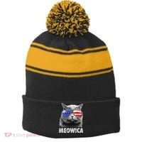Cat 4th Of July Meowica American Flag Sunglasses Stripe Pom Pom Beanie