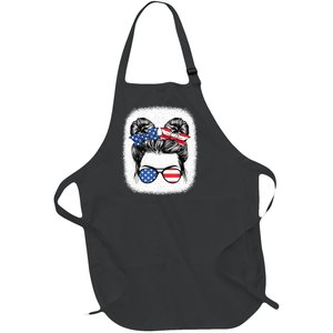 Cute 4th Of July Messy Bun Girl American Flag Patriotic USA Full-Length Apron With Pockets