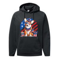 Corgi 4th Of July American Sunglasses Dog Puppy USA Corgi Performance Fleece Hoodie