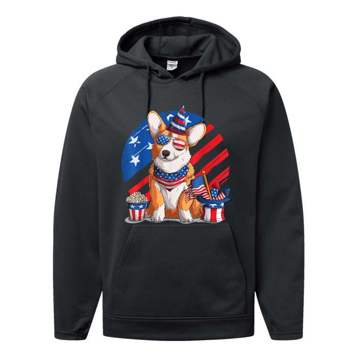 Corgi 4th Of July American Sunglasses Dog Puppy USA Corgi Performance Fleece Hoodie