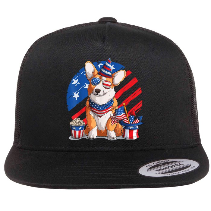 Corgi 4th Of July American Sunglasses Dog Puppy USA Corgi Flat Bill Trucker Hat