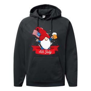 Cute 4th of July Gnome with Us Flag and Beer Patriotic Performance Fleece Hoodie