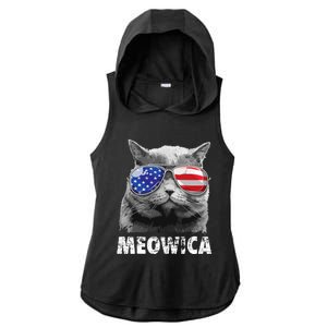 Cat 4th Of July Meowica Merica USA American Flag Ladies PosiCharge Tri-Blend Wicking Draft Hoodie Tank