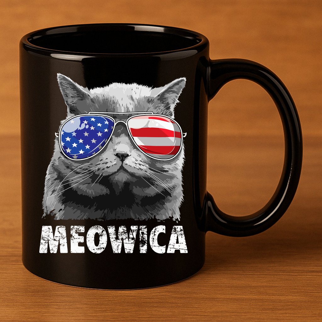 Cat 4th Of July Meowica Merica USA American Flag 11oz C Handle Ceramic Mug