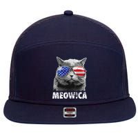 Cat 4th Of July Meowica Merica USA American Flag 7 Panel Mesh Trucker Snapback Hat