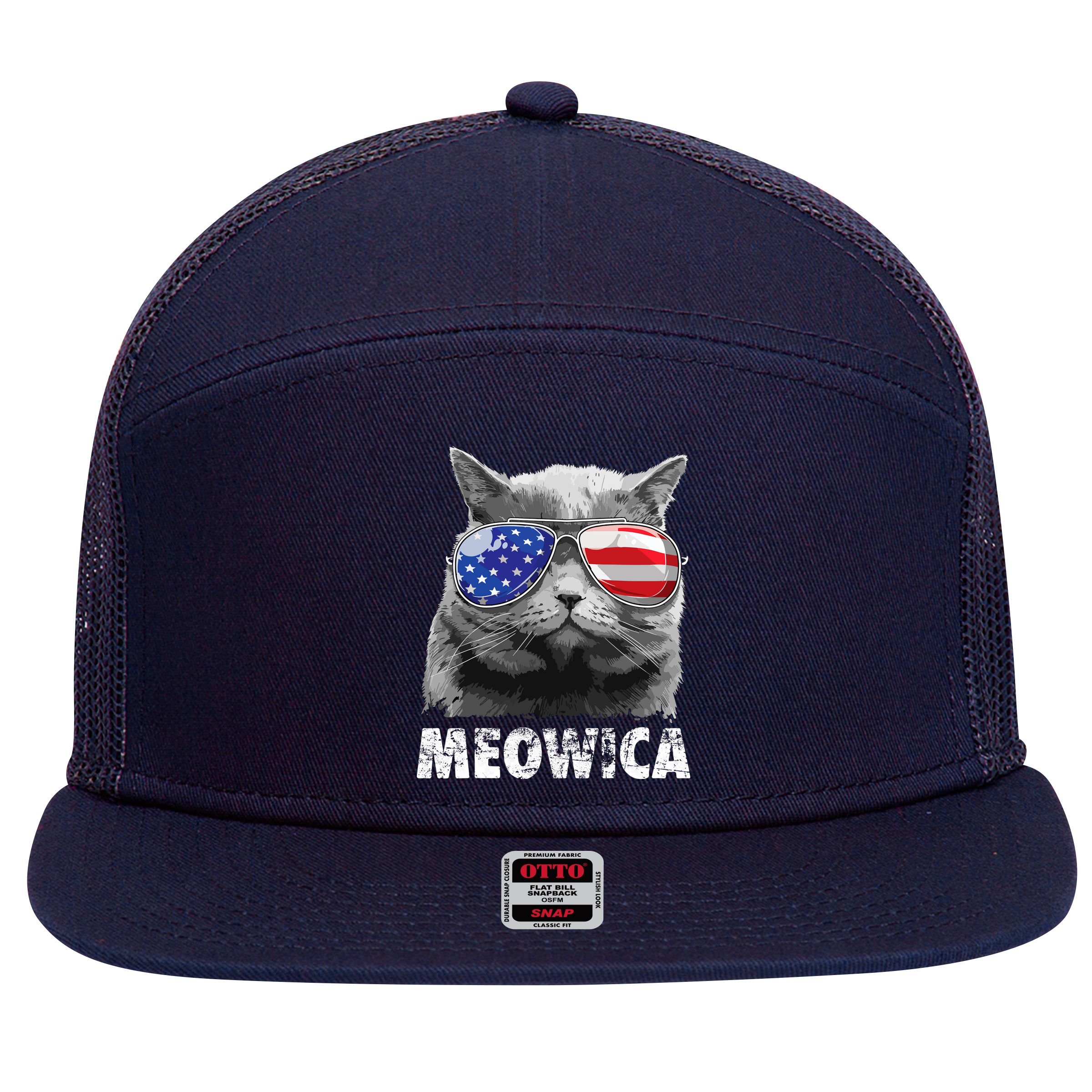 Cat 4th Of July Meowica Merica USA American Flag 7 Panel Mesh Trucker Snapback Hat