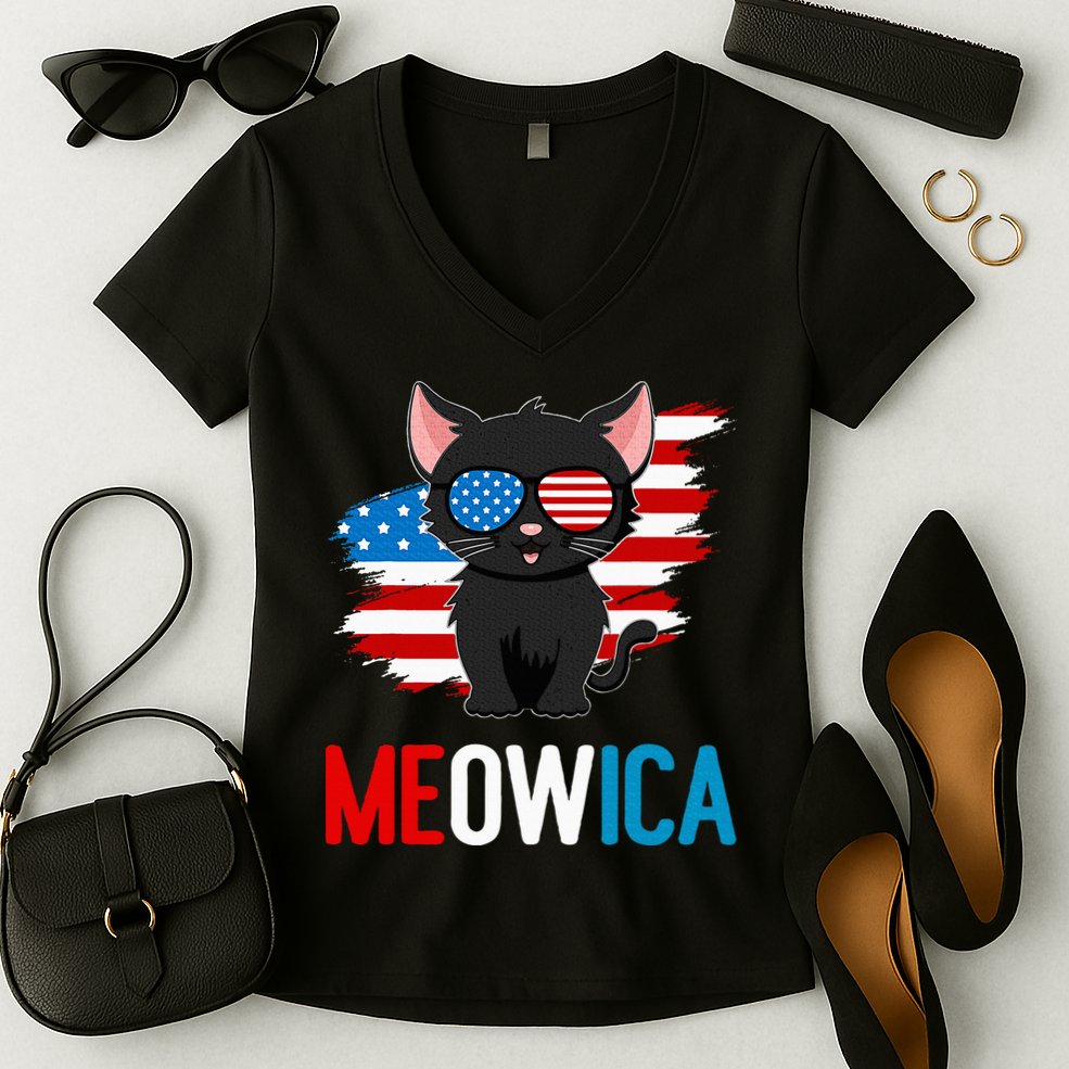 Cat 4th Of July Meowica Patriotic Kitten American Flag Women's V-Neck T-Shirt