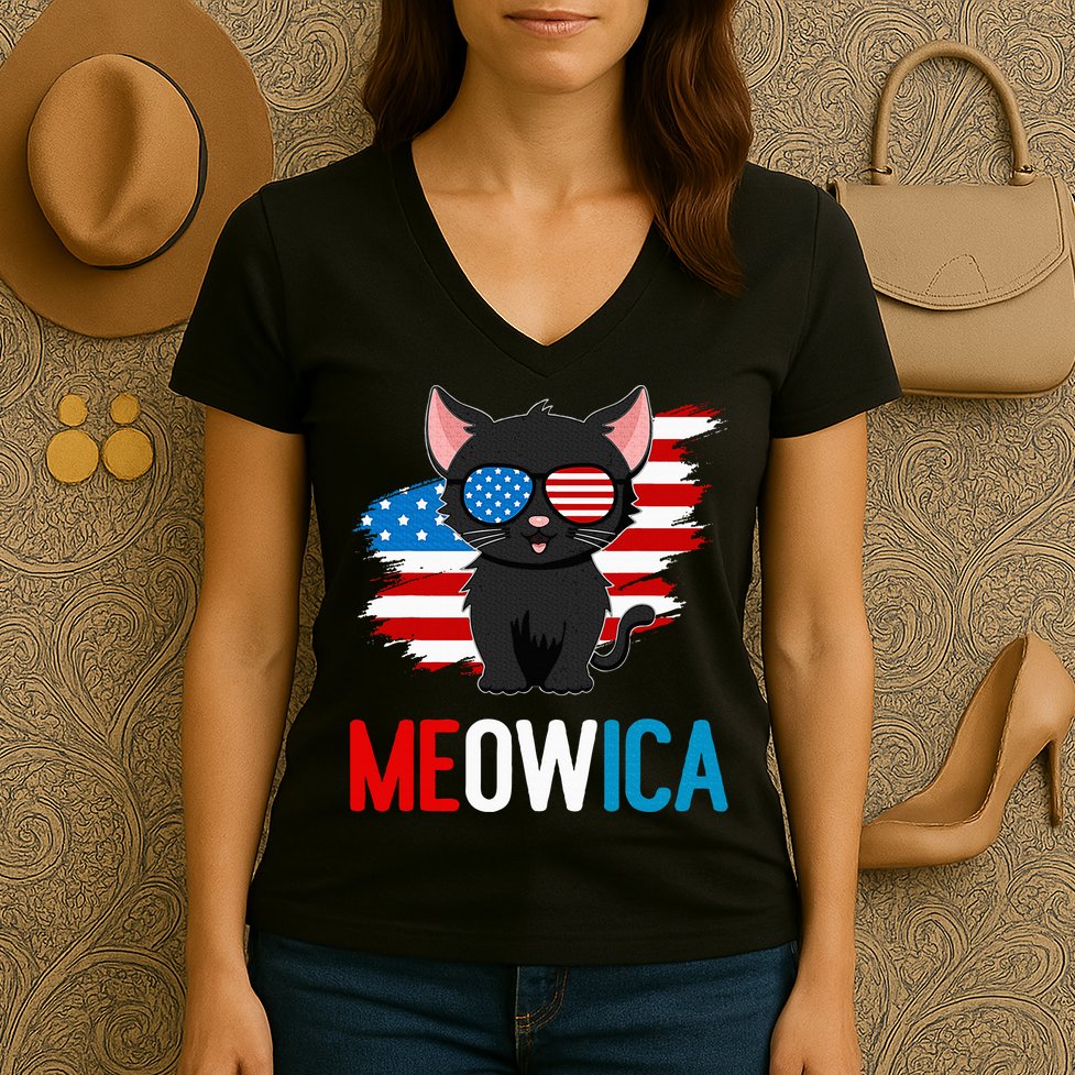 Cat 4th Of July Meowica Patriotic Kitten American Flag Women's V-Neck T-Shirt