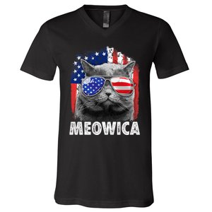 Cat 4th Of July Meowica Merica Usa American Flag V-Neck T-Shirt