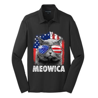 Cat 4th Of July Meowica Merica Usa American Flag Silk Touch Performance Long Sleeve Polo