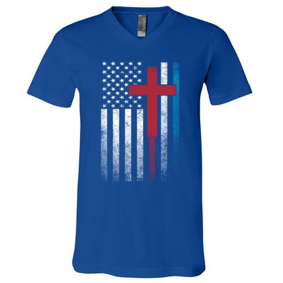 Cross 4th Of July American Flag Usa America Patriotic Gift V-Neck T-Shirt