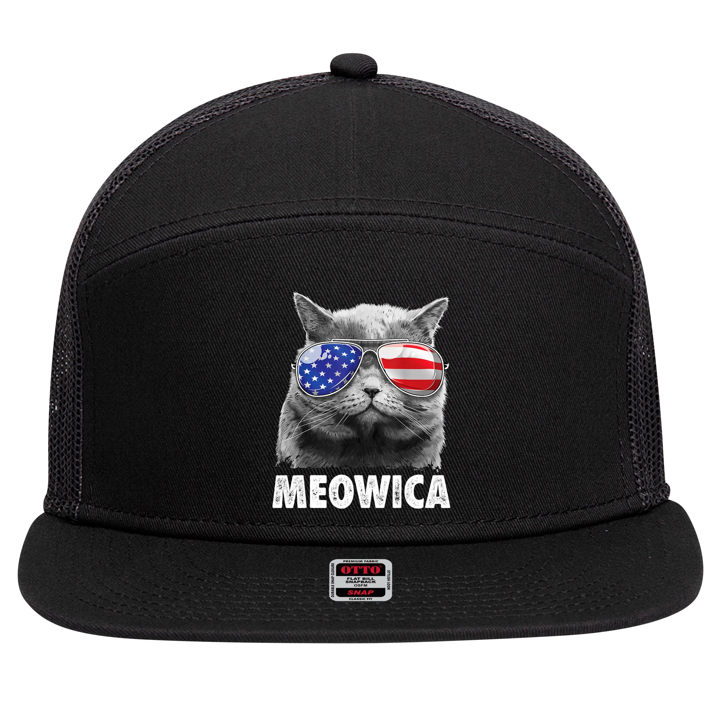Cat 4th Of July Meowica American Flag Sunglasses 7 Panel Mesh Trucker Snapback Hat