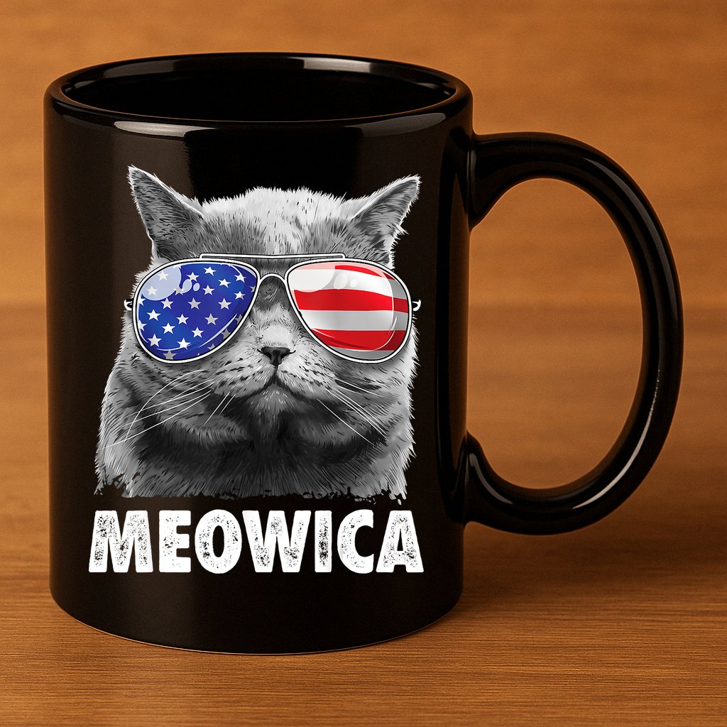 Cat 4th Of July Meowica American Flag Sunglasses 11oz C Handle Ceramic Mug