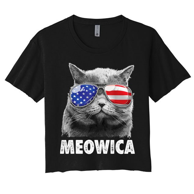 Cat 4th Of July Meowica American Flag Sunglasses Crop Top