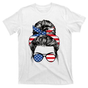 Cute 4th Of July Messy Bun Woman American Flag Patriotic USA T-Shirt