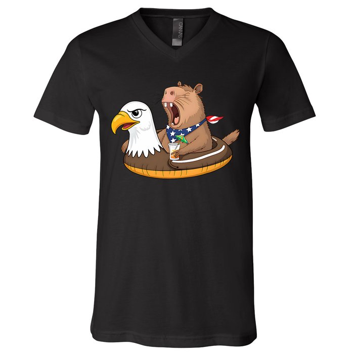 Capybara 4TH Of July Funny Pool Party V-Neck T-Shirt