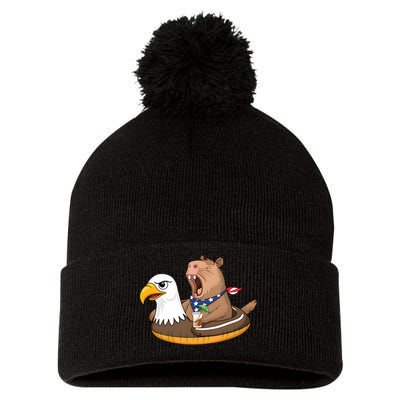 Capybara 4TH Of July Funny Pool Party Pom Pom 12in Knit Beanie