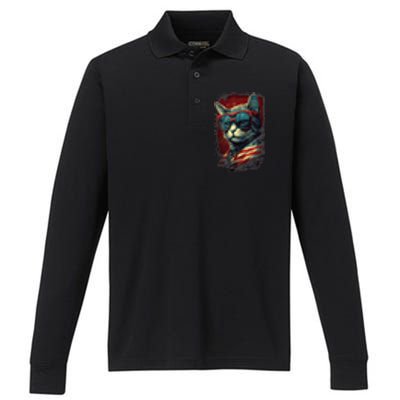 Cat 4th of July Meowica Patriotic Performance Long Sleeve Polo