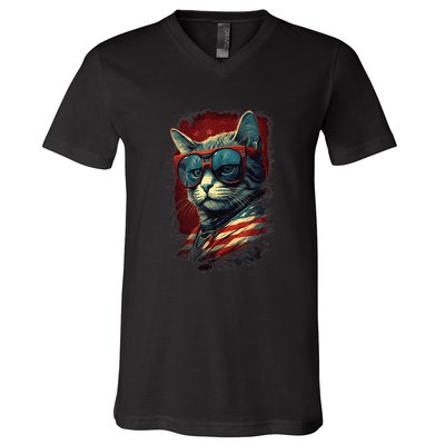 Cat 4th of July Meowica Patriotic V-Neck T-Shirt