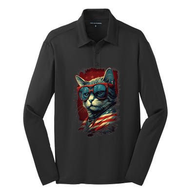 Cat 4th of July Meowica Patriotic Silk Touch Performance Long Sleeve Polo