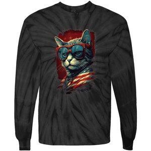 Cat 4th of July Meowica Patriotic Tie-Dye Long Sleeve Shirt