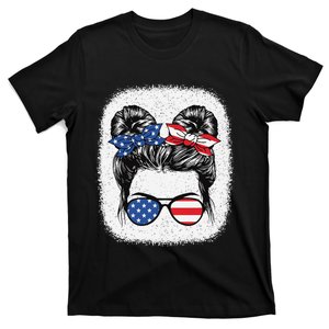 Cute 4th Of July Messy Bun American Flag Patriotic USA T-Shirt