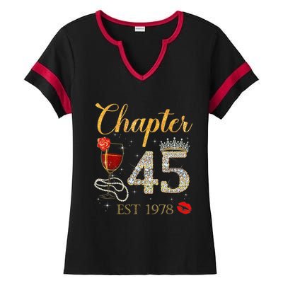 Chapter 45 Years EST 1978 45th Birthday Red Rose Wine Crown Ladies Halftime Notch Neck Tee