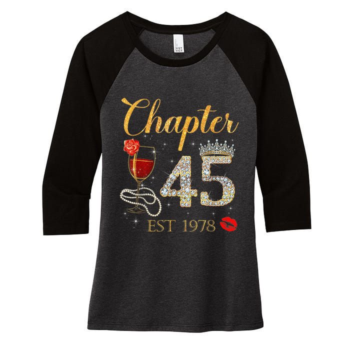 Chapter 45 Years EST 1978 45th Birthday Red Rose Wine Crown Women's Tri-Blend 3/4-Sleeve Raglan Shirt