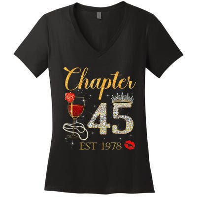 Chapter 45 Years EST 1978 45th Birthday Red Rose Wine Crown Women's V-Neck T-Shirt