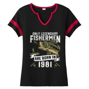 Cute 41 Year Old Fishing Birthday Born 1981 41st Fisherman Gift Ladies Halftime Notch Neck Tee