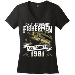 Cute 41 Year Old Fishing Birthday Born 1981 41st Fisherman Gift Women's V-Neck T-Shirt