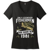 Cute 41 Year Old Fishing Birthday Born 1981 41st Fisherman Gift Women's V-Neck T-Shirt