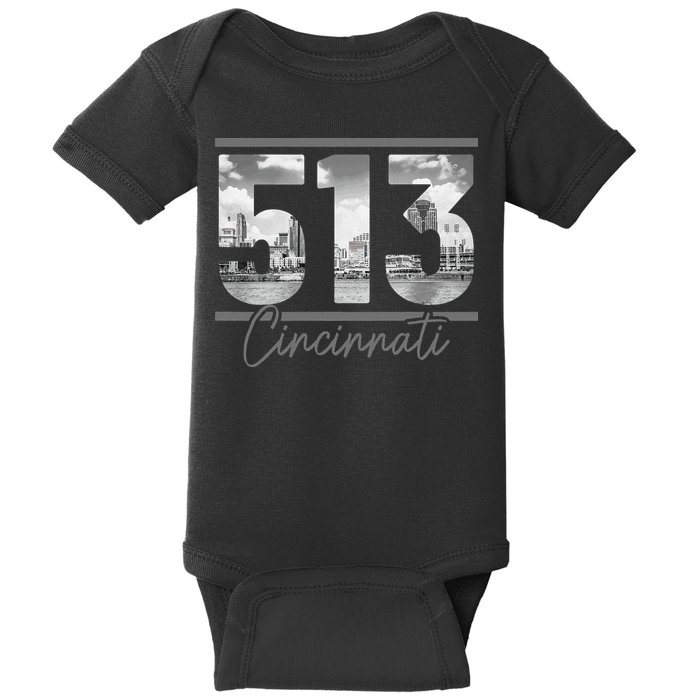 Cincinnati 513 Area Code Skyline Ohio Vintage Baby Bodysuit
