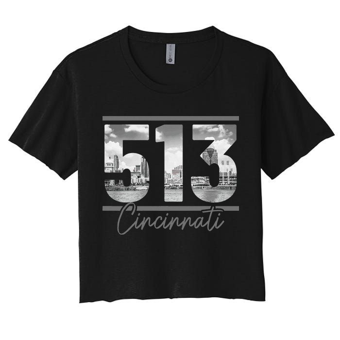 Cincinnati 513 Area Code Skyline Ohio Vintage Women's Crop Top Tee