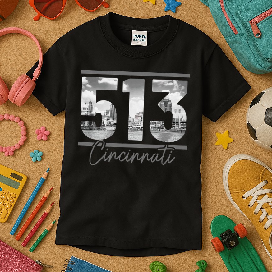 Cincinnati 513 Area Code Skyline Ohio Vintage Kids T-Shirt