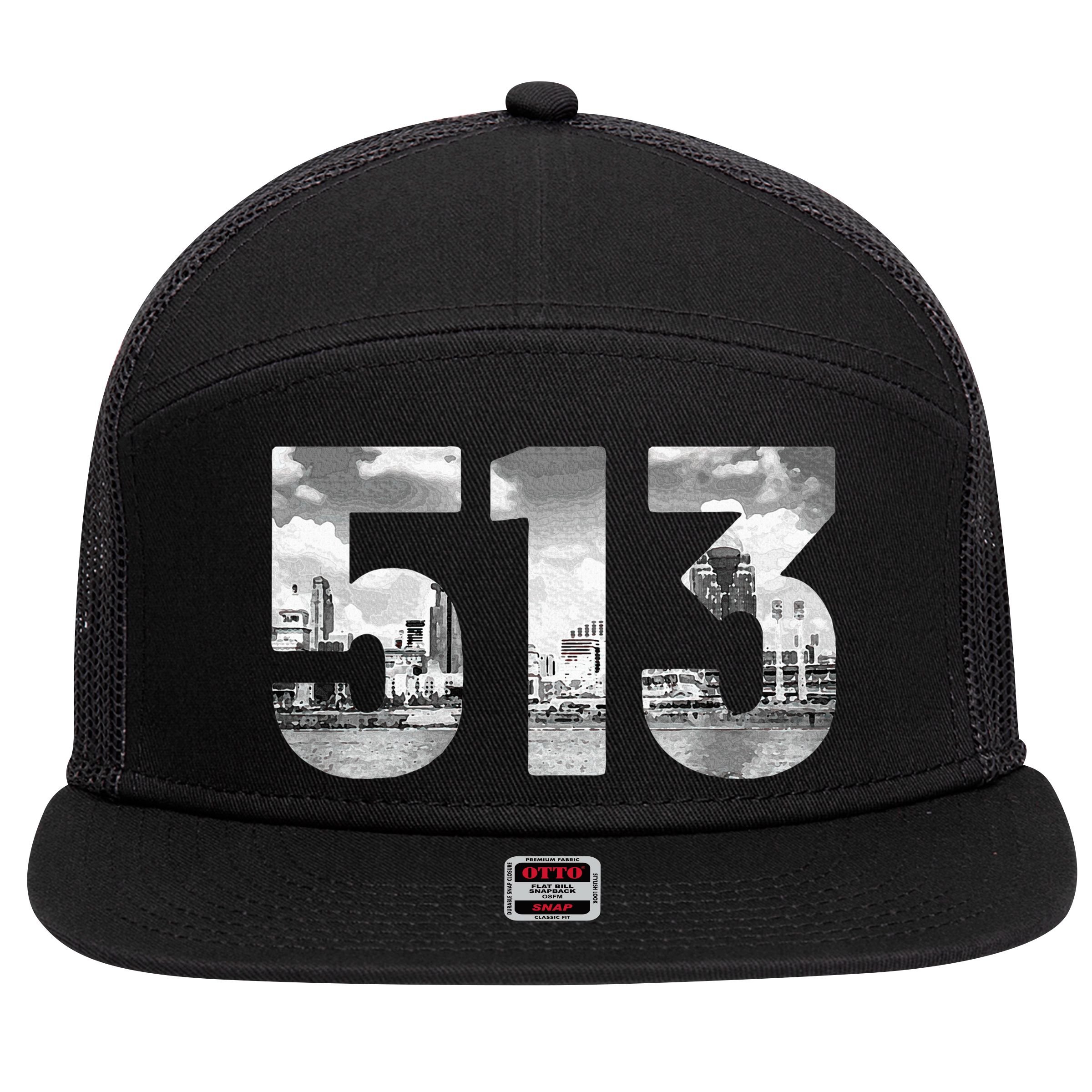 Cincinnati 513 Area Code Skyline Ohio Vintage 7 Panel Mesh Trucker Snapback Hat