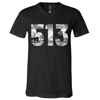 Cincinnati 513 Area Code Skyline Ohio Vintage V-Neck T-Shirt