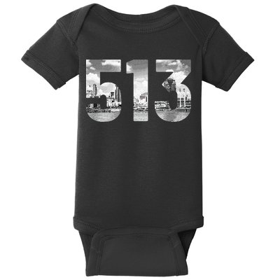 Cincinnati 513 Area Code Skyline Ohio Vintage Baby Bodysuit