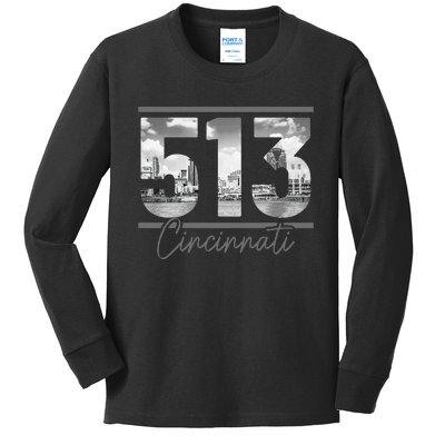 Cincinnati 513 Area Code Skyline Ohio Vintage Kids Long Sleeve Shirt