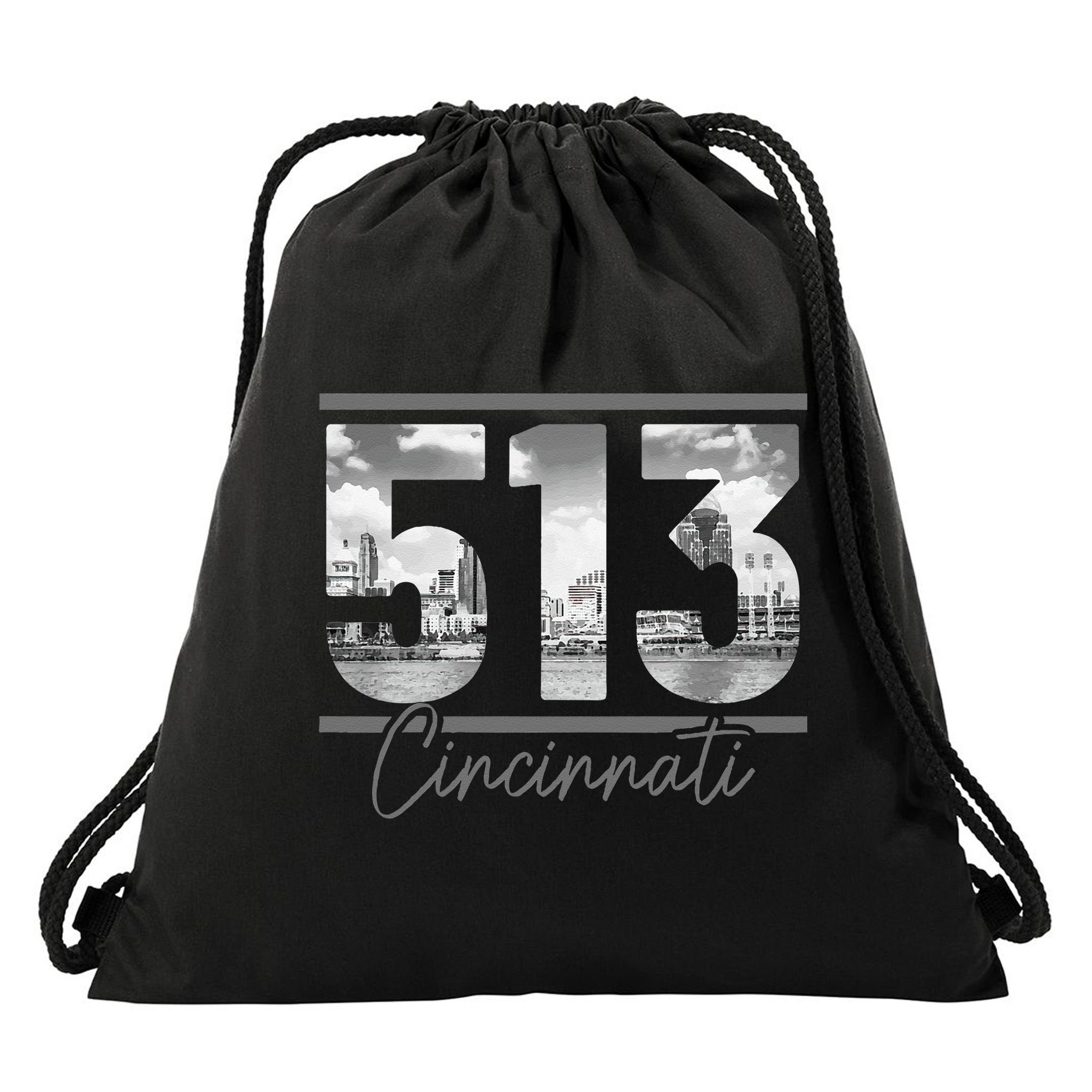 Cincinnati 513 Area Code Skyline Ohio Vintage Drawstring Bag